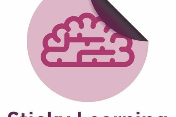 Sticky Learning logo with Purple brain icon in a pink sticker