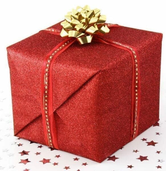Red gift-wrapped box with a gold ribbon