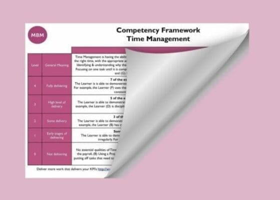 Purple table on folded paper with MBM Competency Framework for Time Management