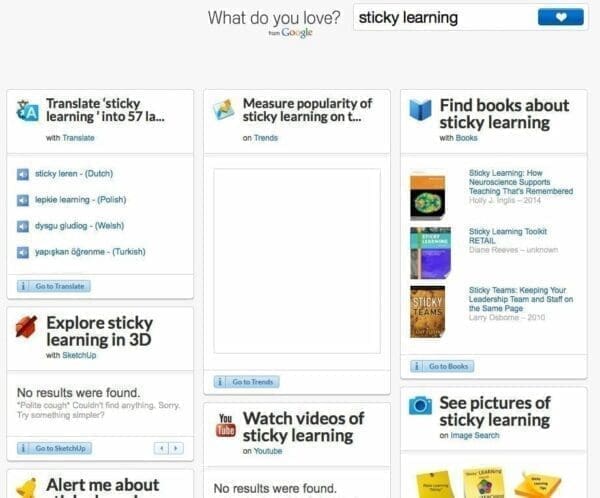 "What Do You Love?" Search Result for Sticky Learning Google's wdyl.com screenshot of 'what do you love?'