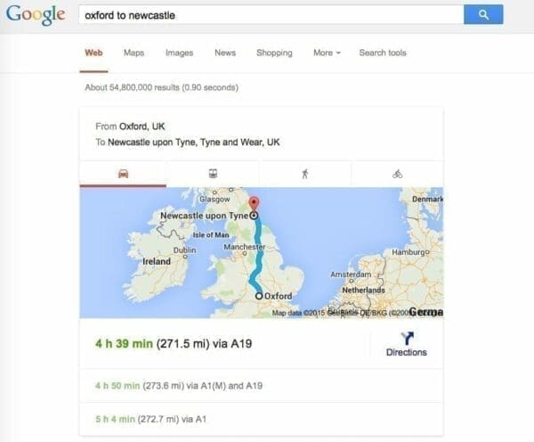 Screenshot of Google search for directions from Oxford to Newcastle
