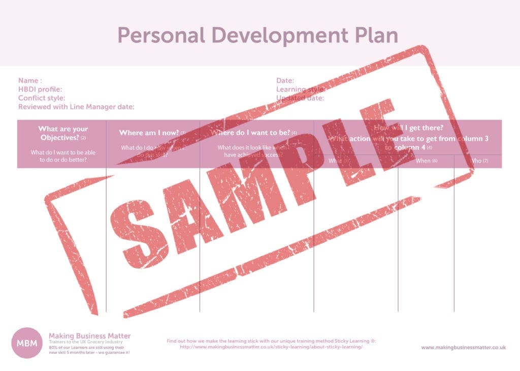 Personal Development Plan table with the word sample stamped on the front
