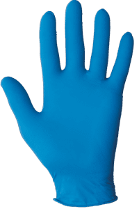 Blue disposable glove on a hand