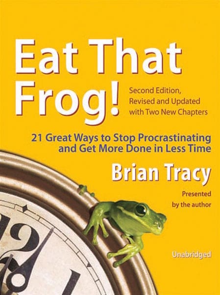 Yellow book cover for Eat that Frog by Brian Tracy to stop procrastination 