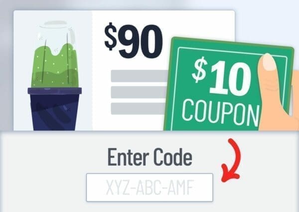 Hand of shopper holding a ten dollar coupon with code slot below