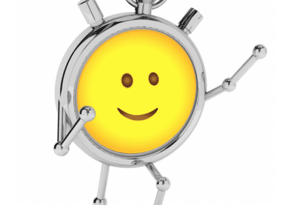 Silver alarm clock with yellow smiley face, arms and legs