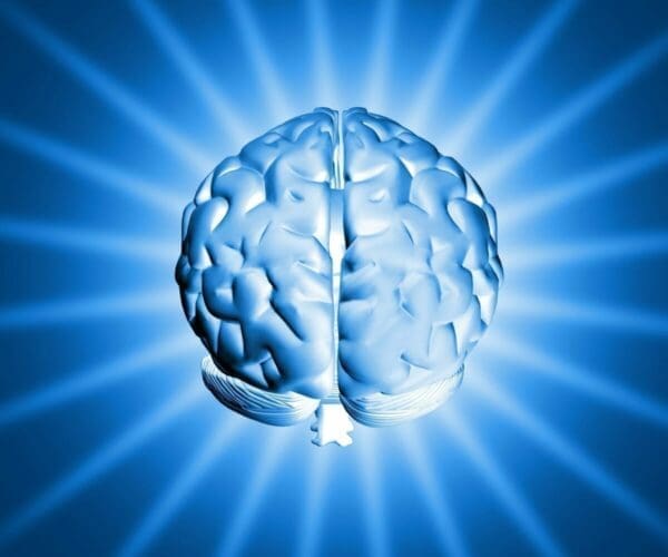 Blue brain with light shining out of it