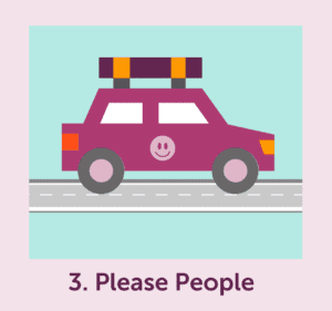 Pink cartoon car with 3. Please People beneath
