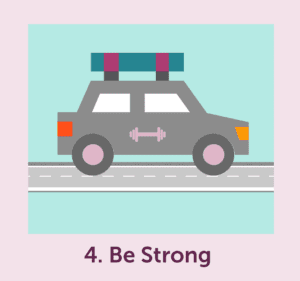 Grey cartoon car with 4. Be Strong beneath 