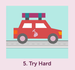 Red cartoon car with 5. Try Hard beneath