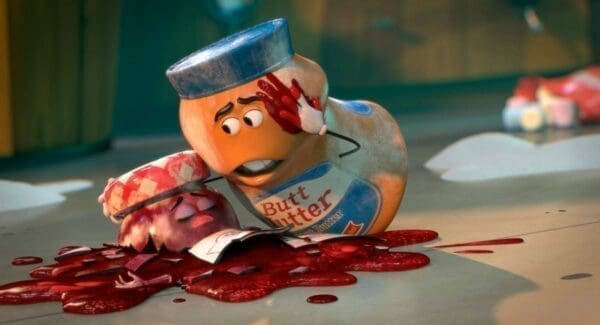 Cartoon peanut butter jar helping a smashed jam jar