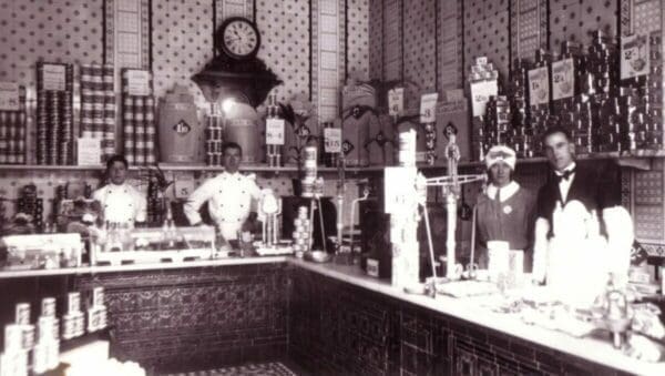 Black and white photo of a store