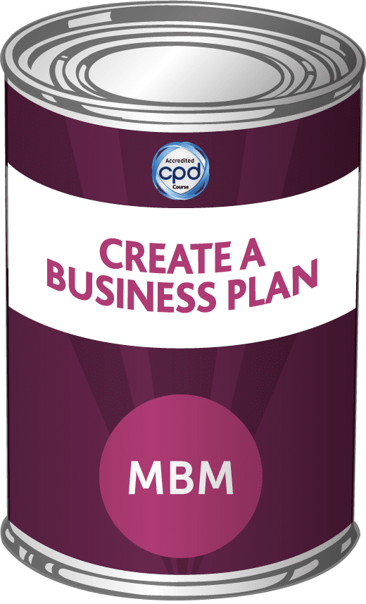 Purple tin with Create a Business Plan on label for MBM training course