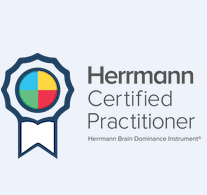 Herrmann Certified practitioner logo with yellow, blue, green, and red badge icon on white background