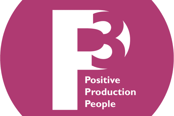 White letter P with 3 cut out and words positive production people all inside purple circle