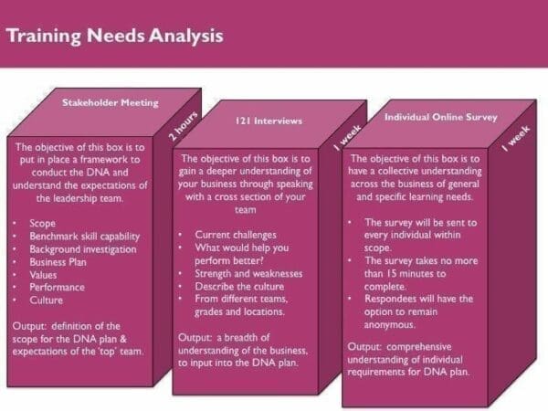 3 purple boxes depicting the 3 elements of Training Needs Analysis from MBM
