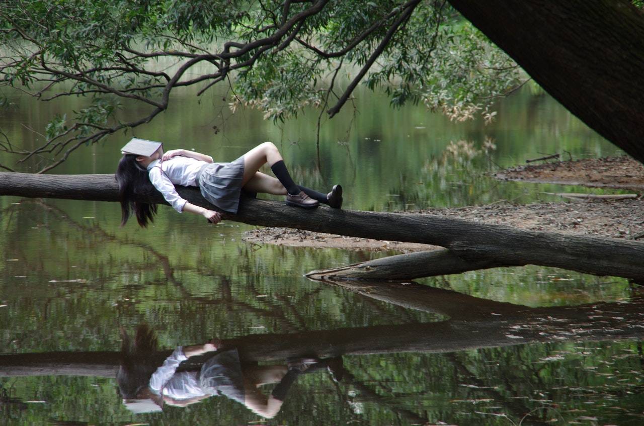 Woman asleep soon a tree branch with a book over her face