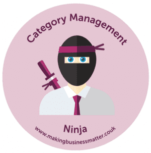 Category management above a Cartoon ninja wearing a tie in a pink sticker