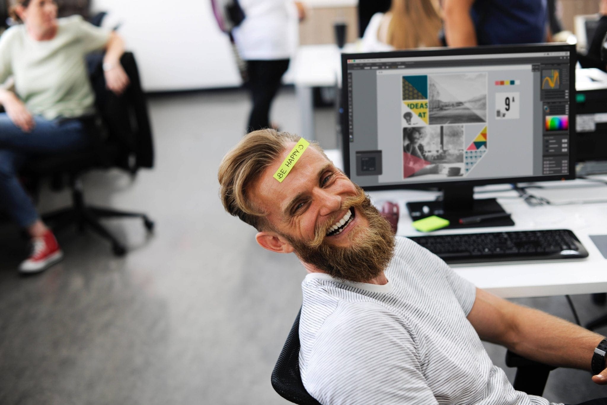 Be Happy sticky note Man laying back on his desk smilling with sticker on his face shows how to build confidence