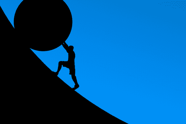 Silhouette of a man rolling a big boulder uphill with blue background