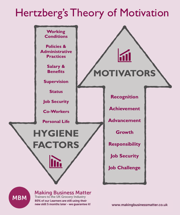 Infographic showing the Hygiene factors and motivators of the Hertzberg's Theory of Motivation with up and down arrows