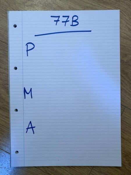 Lined page with blank template of the 77B method from MBM