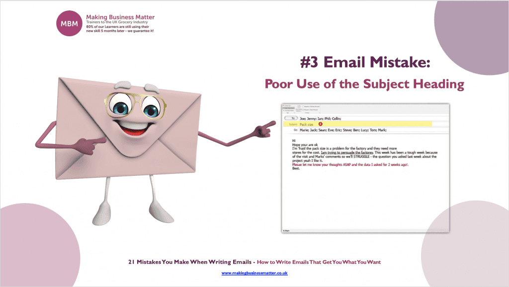 MBM infographic with cartoon letter with a face displays the #3 Email Mistake poor subject heading