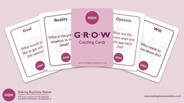 Five MBM GROW coaching cards on display