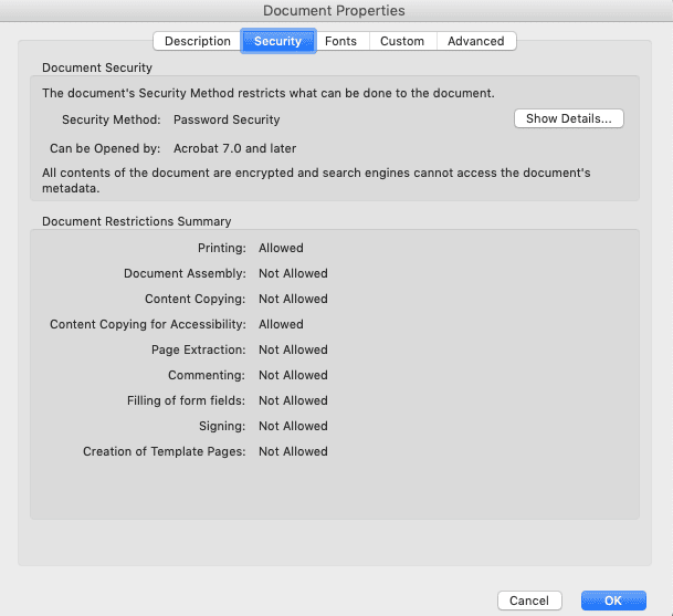 Screenshot of document properties Security settings