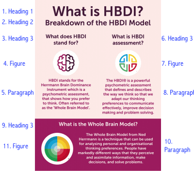 HBDI PDF with labels annotating tags and reading order the format