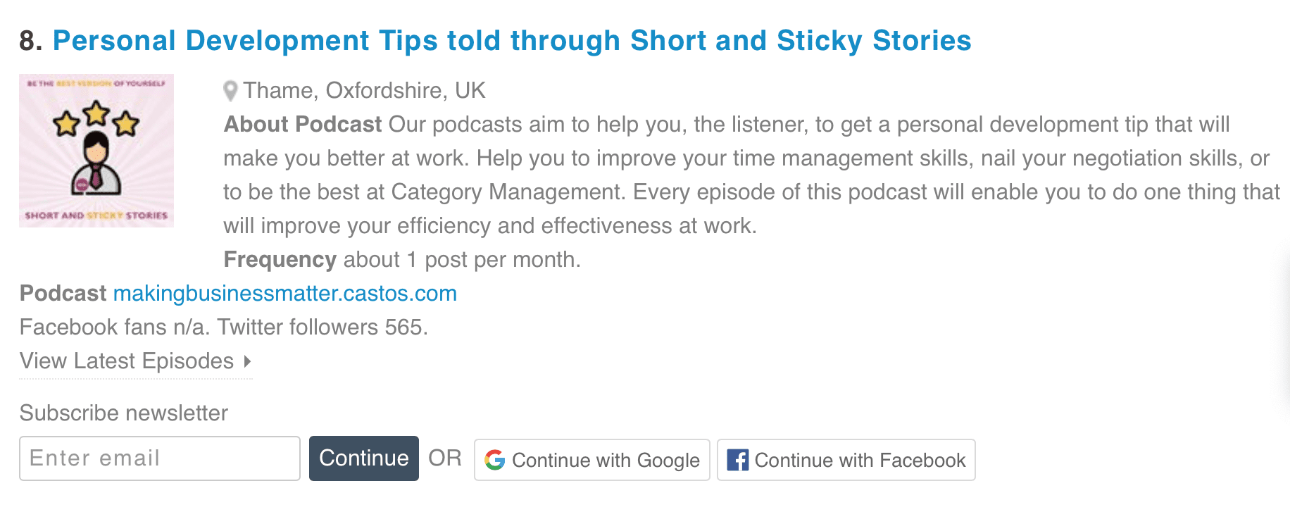 Screenshot showing Short and sticky stories podcast from MBM on Freedspot ranking
