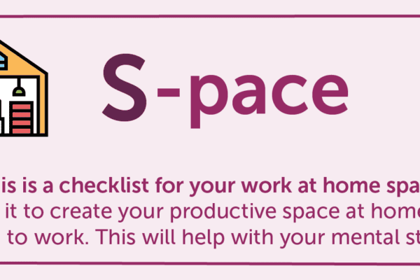 MBM banner titled S- space with cartoon house in corner for working from home