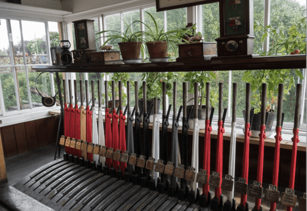 An old train junction shed showing coloured levers