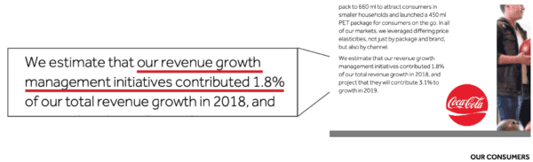 Statistics about Revenue Growth Management and revenue growth next to a cocoa cola symbol