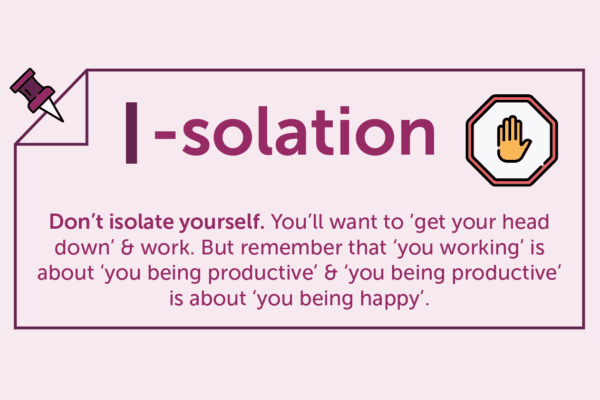 MBM graphic with I-isolation as the title and a cartoon stop sign for working from home