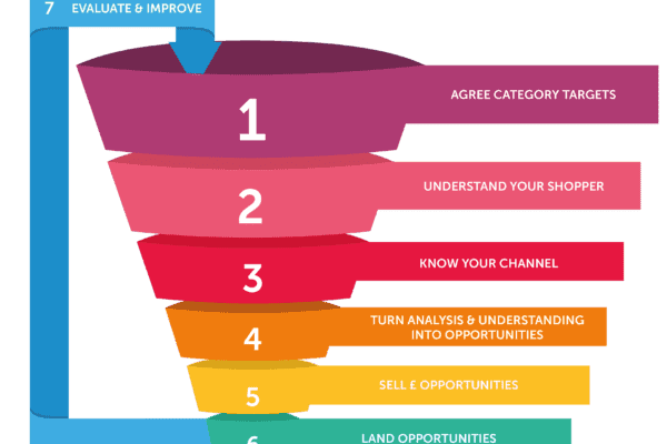 Seven-part funnel explaining the category management process by MBM