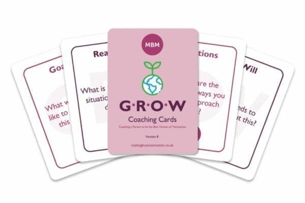 5 coaching cards fanned out showing GROW logo