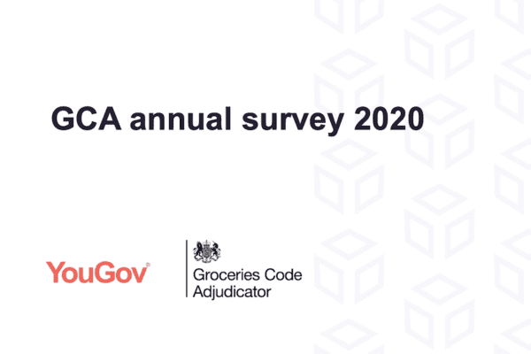 GCA Annual Survey 2020 above YouGov red logo and Groceries Code Adjudicator logo