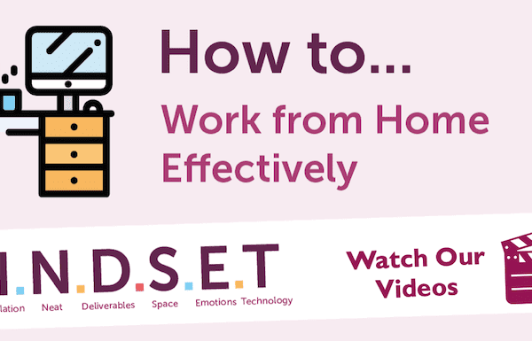 How to work from home effectively graphic with work desk icon and MINDSET acronym