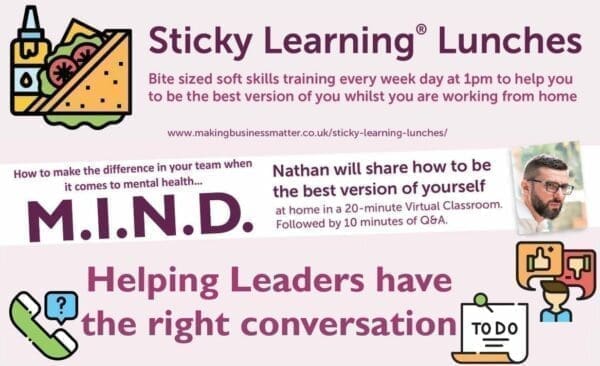 MBM banner for Sticky Learning Lunches with sandwich and phone icons