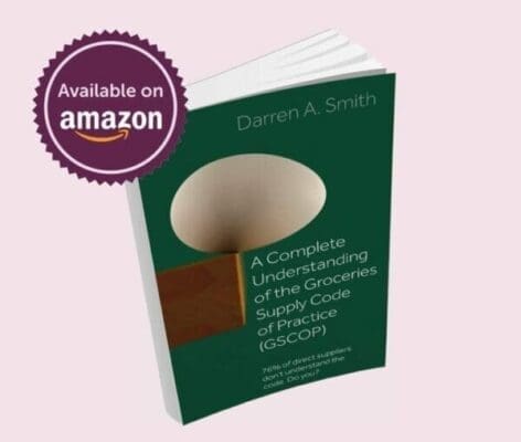 3D image of a green book about GSCOP with a purple badge advertising that it's available on Amazon