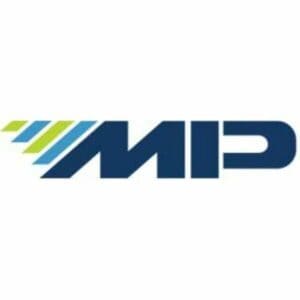 blue MP logo with green and blue striped on white background