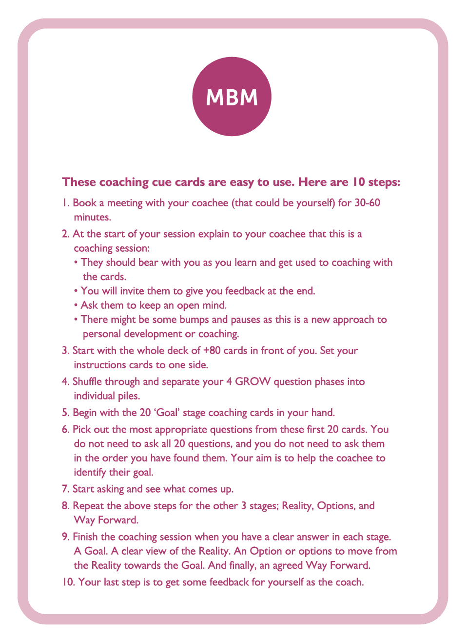 Coaching card with MBM logo titled 10 steps