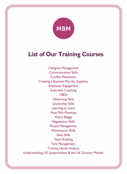 Negotiation coaching card titled List of our Training Courses