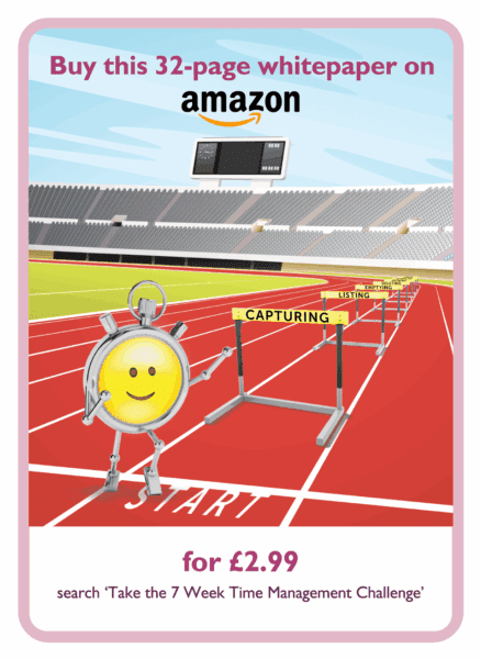 Time management coaching card showing 7 hurdles and a stopwatch