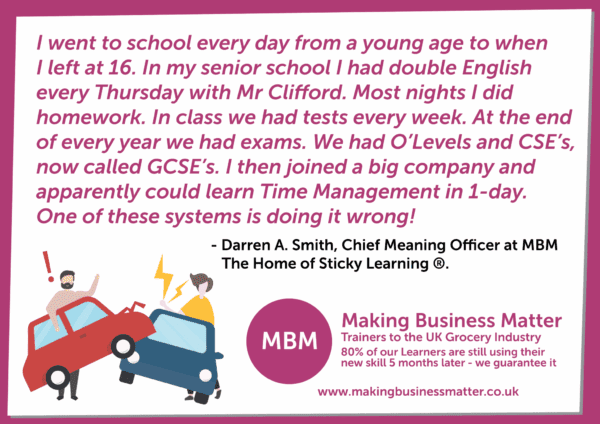 Time Management quote Quote about time management with two cars crashing into one another and MBM logo