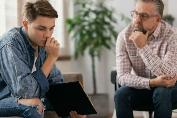 An older man with young man thinking critcially about Teamwork skills