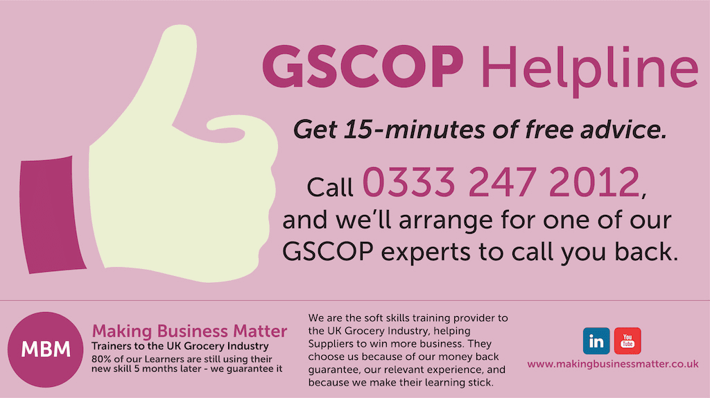 MBM infographic for the GSCOP helpline with thumbs up icon and phone number