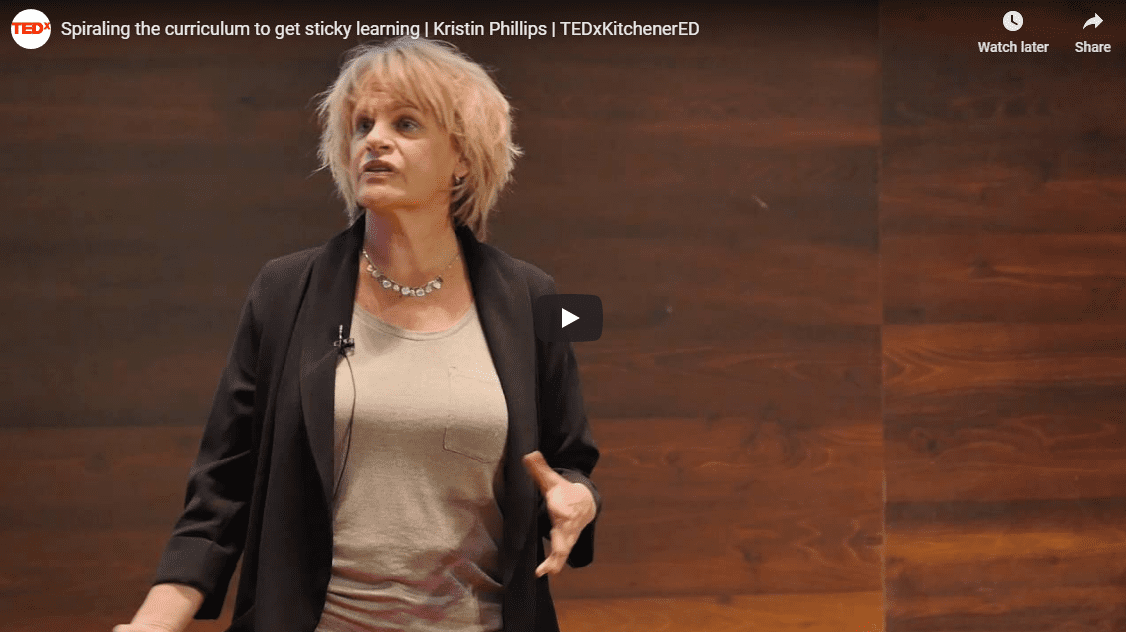 Links to YouTube video about TEDX talk Spiraling the curriculum to get sticky learning by Kristin Phillips