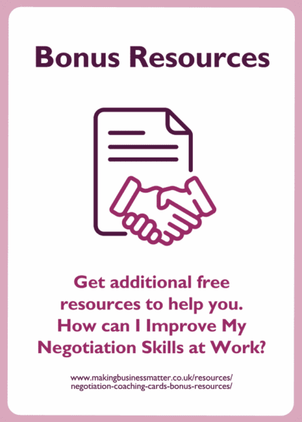 Negotiation skills coaching card titled bonus resources